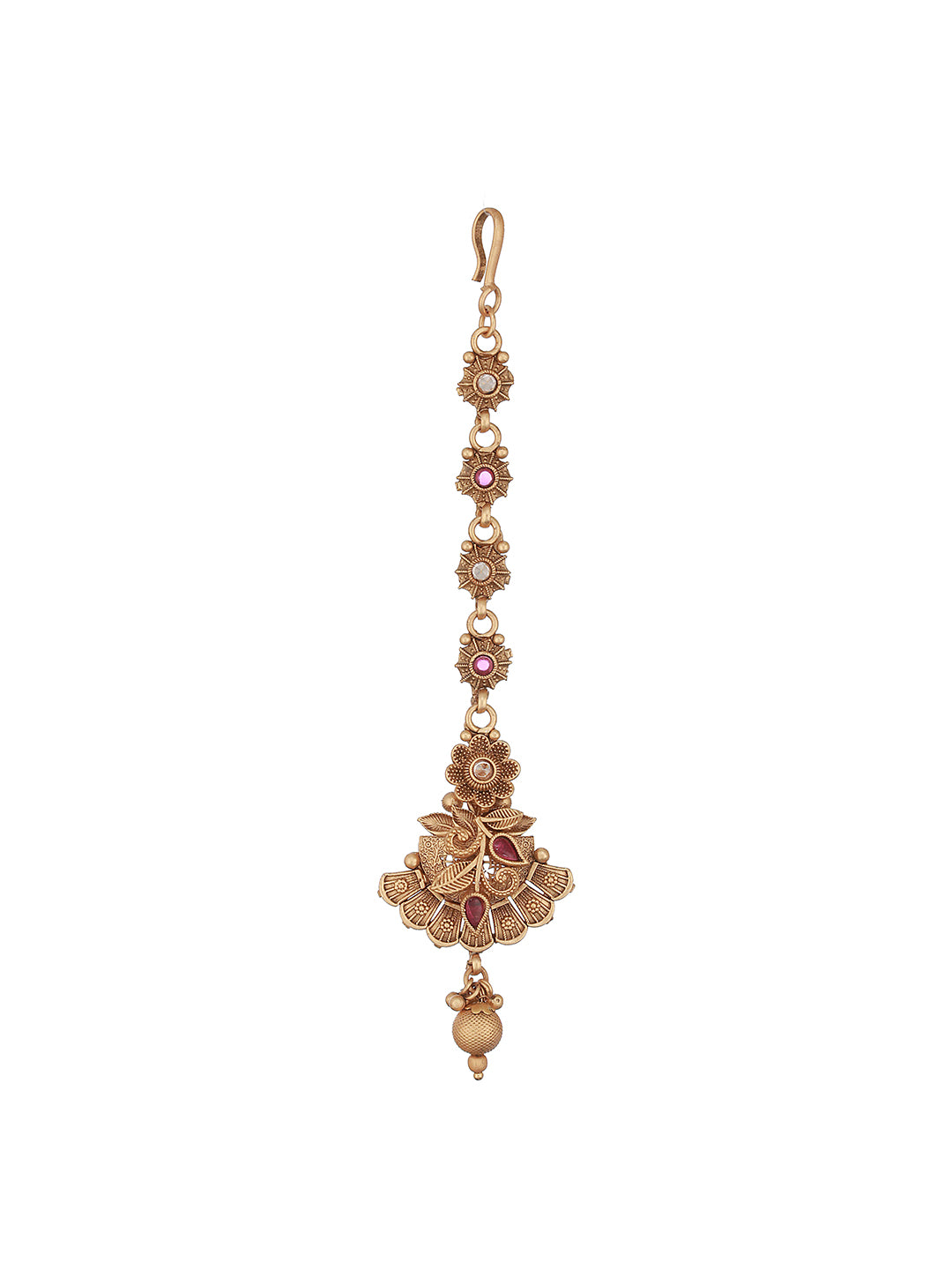 Gold-Plated Pink Stone Studded Handcrafted Temple Maang Tikka - Jazzandsizzle