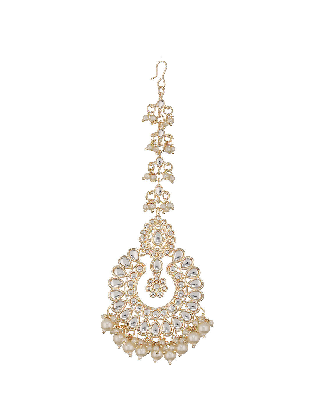Gold-Plated White Kundan Studded & Pearl Drop Maangtikka - Jazzandsizzle