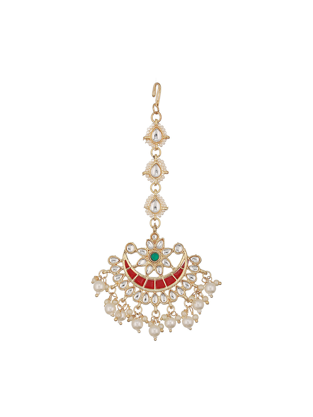 Gold-Plated Green & White Kundan Studded Pearls Handcrafted Maang Tikka