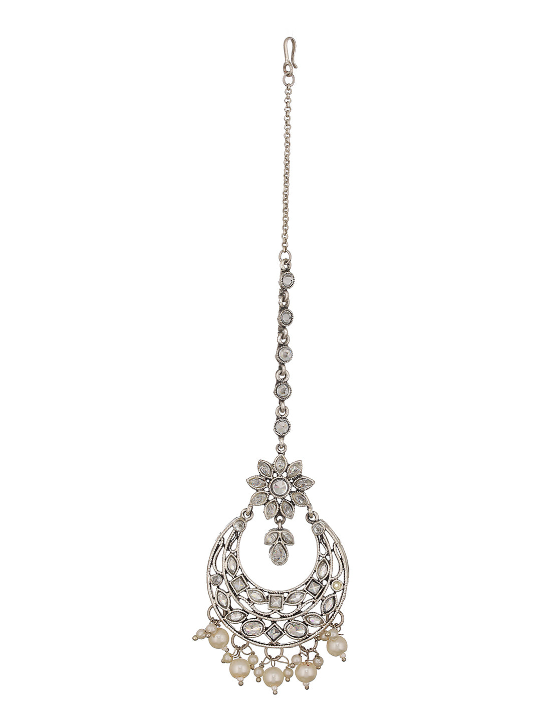 Silver-Plated White AD-Studded Maang Tikka - Jazzandsizzle