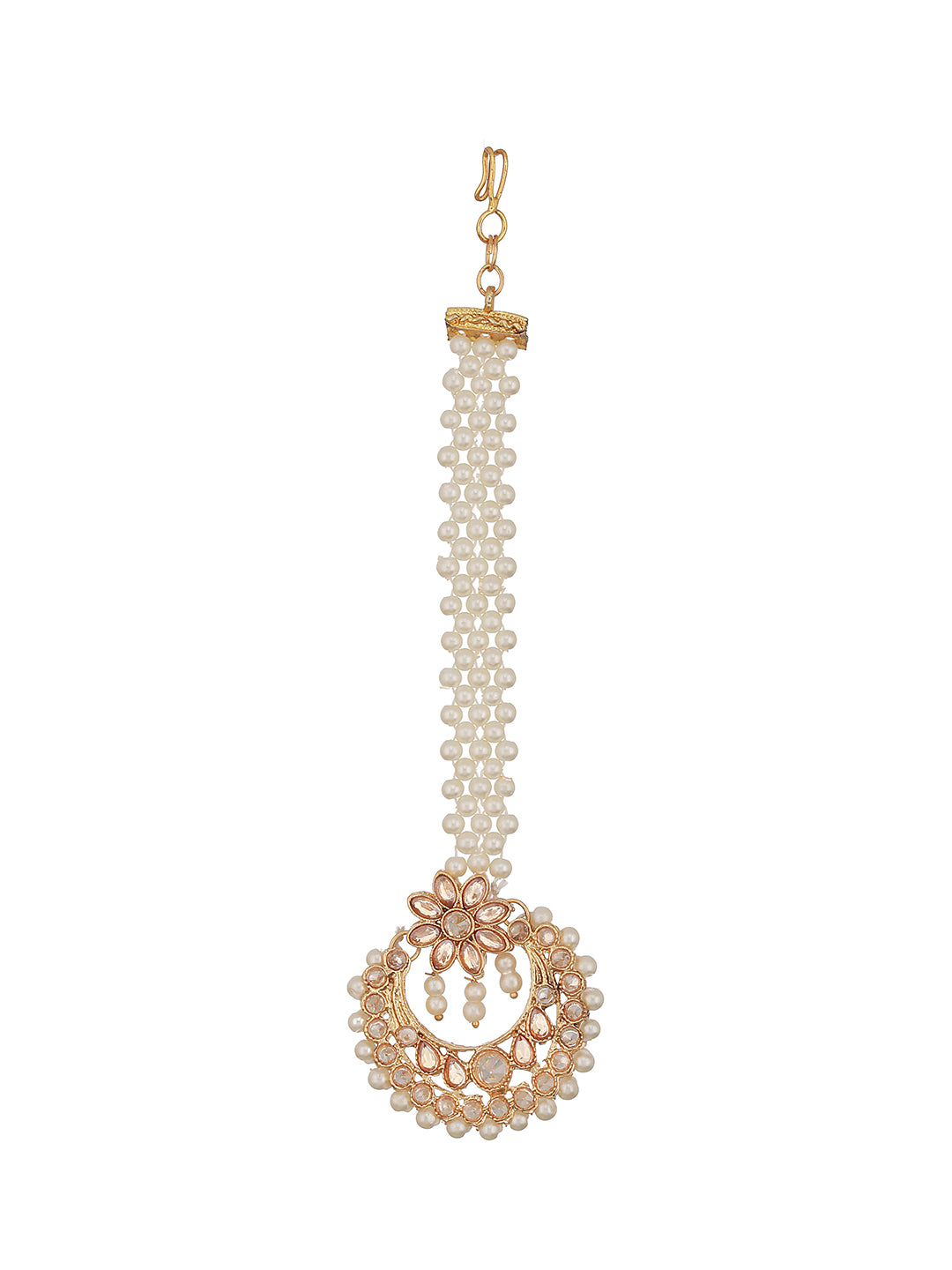 Gold-Plated Reverse AD Studded & Pearl Beaded Maang Tikka - Jazzandsizzle