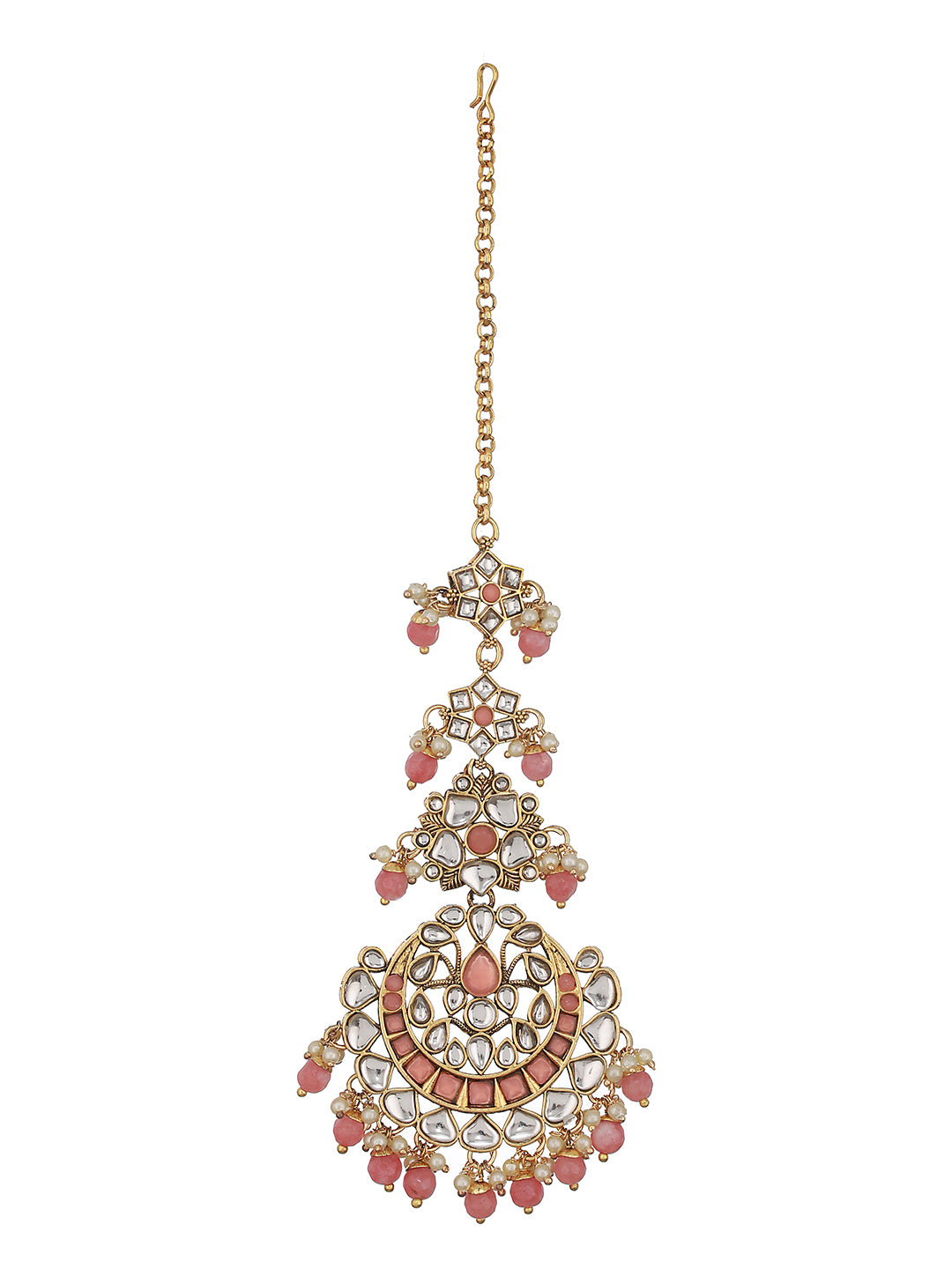 Gold-Plated Pink & White Kundan-Studded Pearl Beaded Maang Tikka - Jazzandsizzle