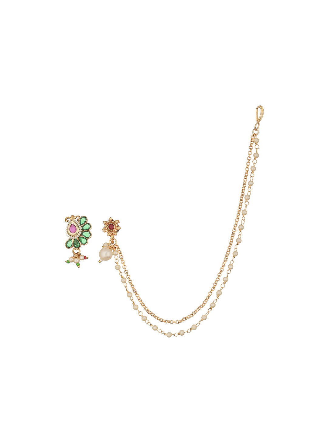 Gold-Plated White Kundan-Studded Clip-On Nose Pin With Beaded Extension - Jazzandsizzle