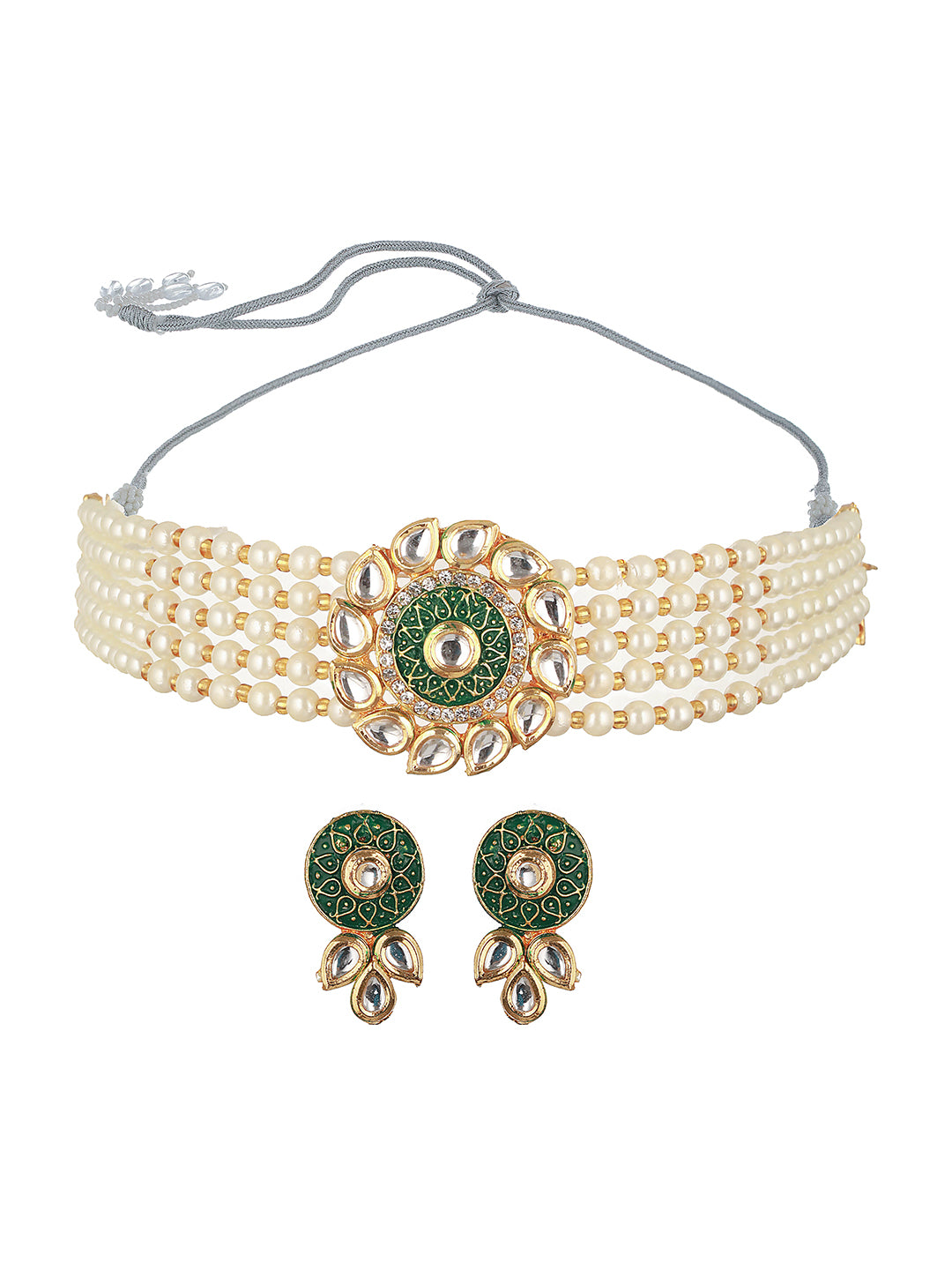 Gold-Plated Kundan-Studded & Beaded Meenakari Necklace & Earrings - Jazzandsizzle