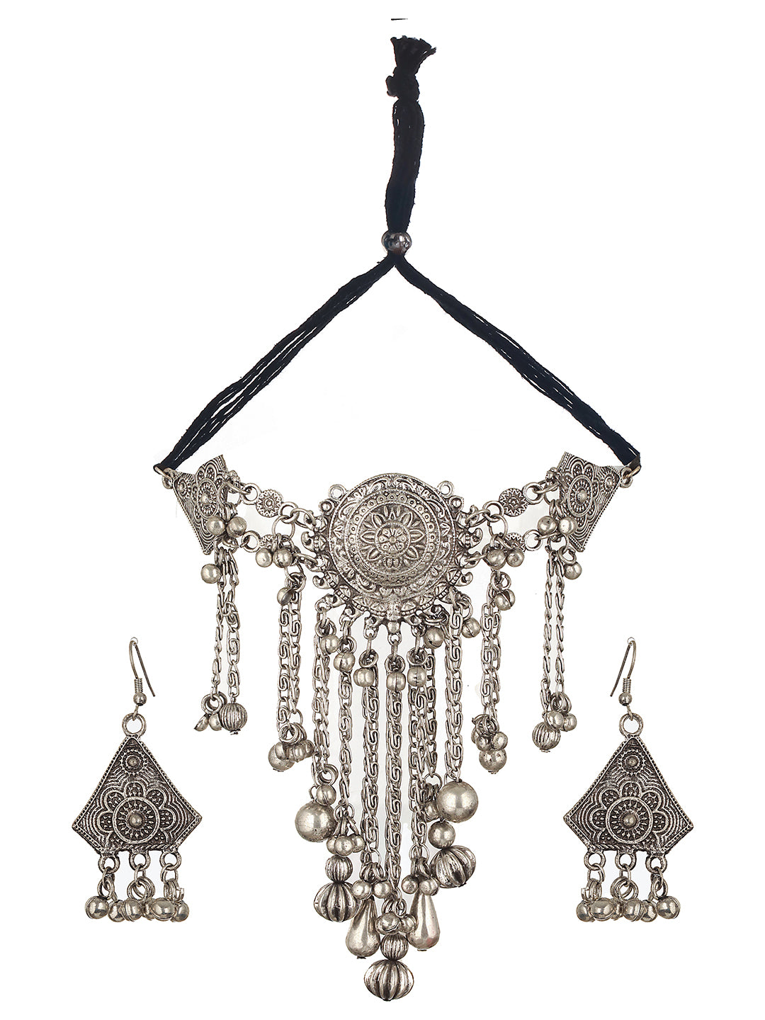 Silver-Plated Oxidised Beaded Necklace & Earrings - Jazzandsizzle