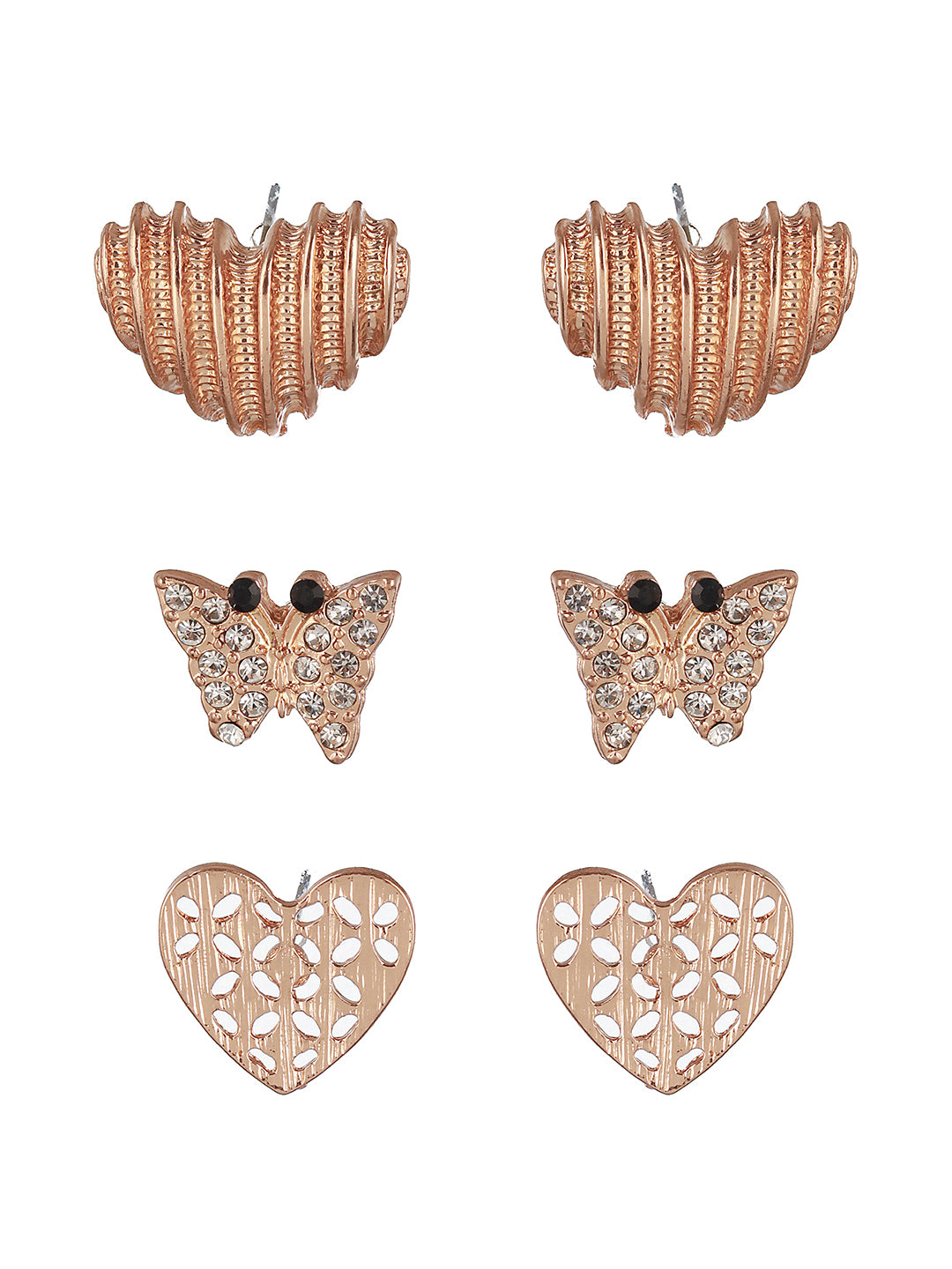 Set of 3 Gold-Plated Heart Shaped Stud Earrings - Jazzandsizzle
