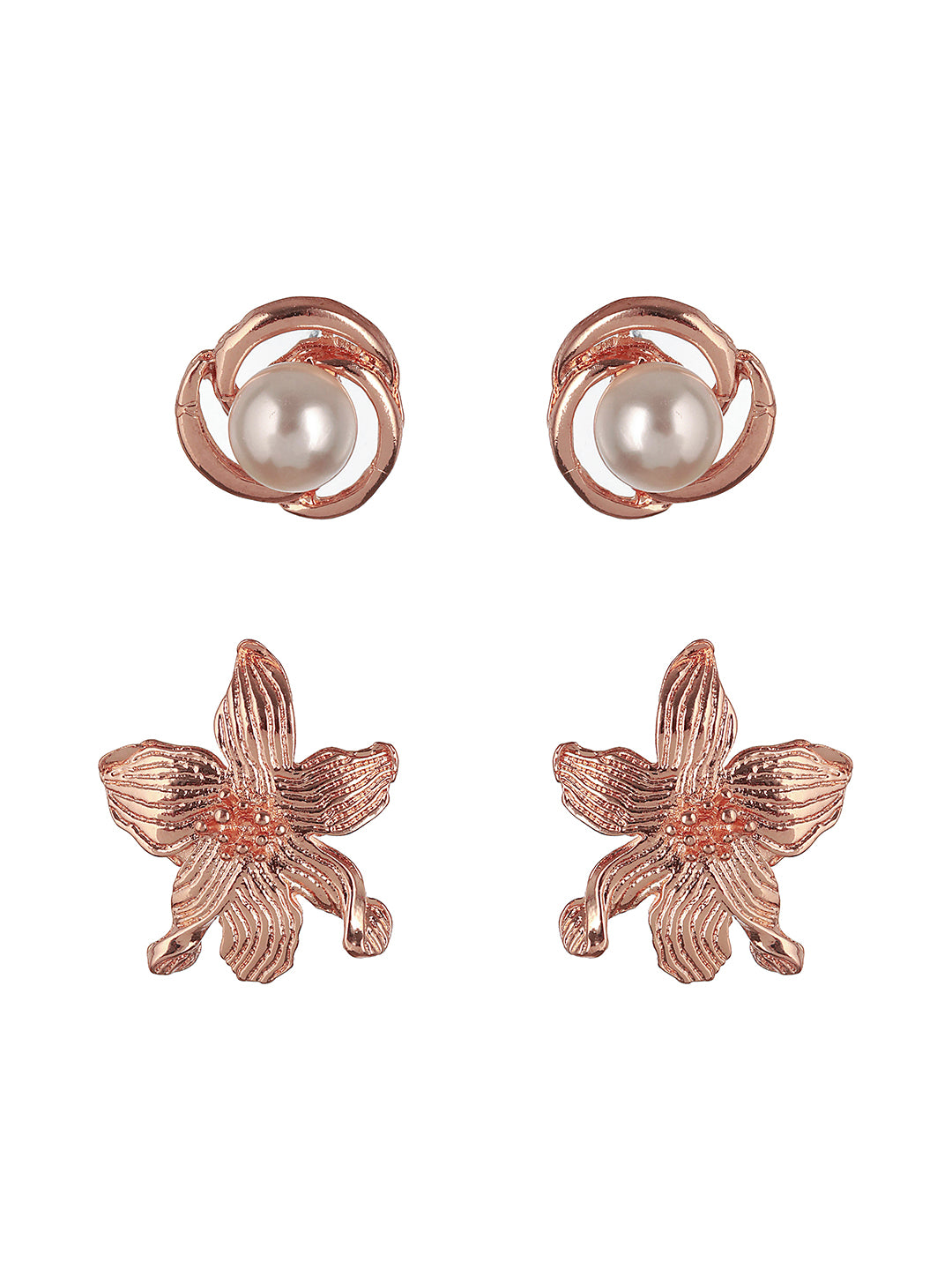 Set of 2 Rose Gold Plated & Pearl Floral Stud Earrings - Jazzandsizzle