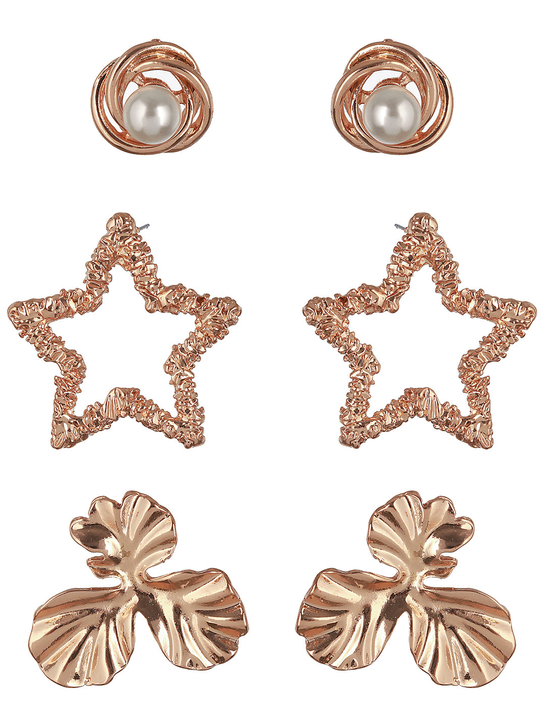 Set of 3 Gold Plated Star & Floral Shaped Stud Earrings - Jazzandsizzle