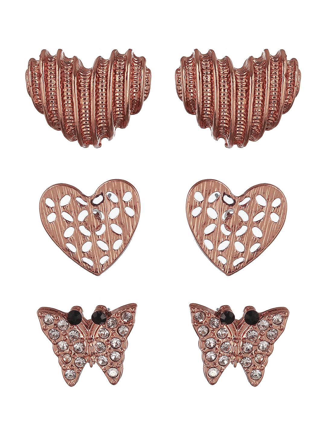 Set of 3 Rosegold-Plated Heart Shaped Stud Earrings - Jazzandsizzle