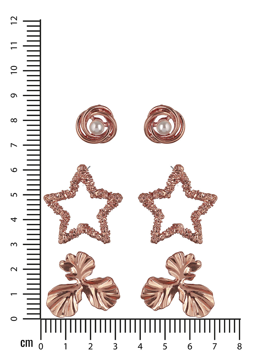 Set of 3 Rose gold Plated Star & Floral Shaped Stud Earrings - Jazzandsizzle