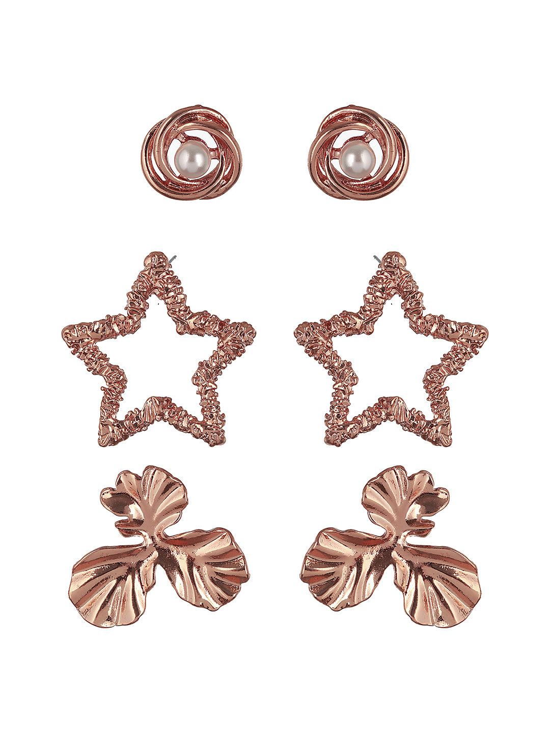 Set of 3 Rose gold Plated Star & Floral Shaped Stud Earrings - Jazzandsizzle