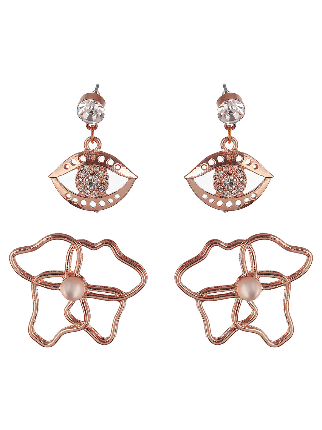 Set Of 2 Rose Gold Plated Evil Eye & Floral Drop Earrings - Jazzandsizzle