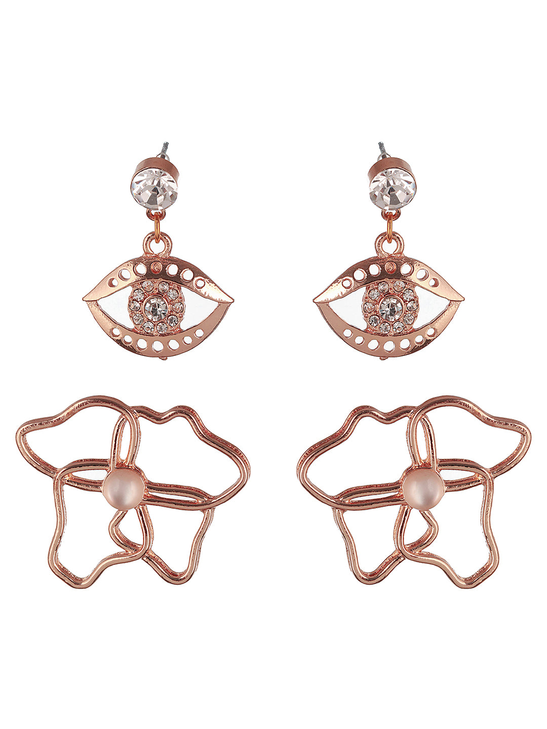 Set Of 2 Rose Gold Plated Evil Eye & Floral Drop Earrings - Jazzandsizzle