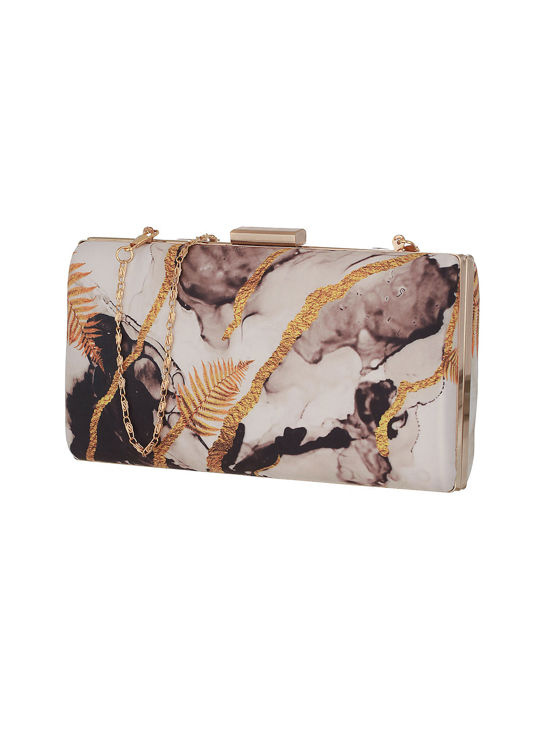 Grey & Yellow Floral Printed Embellished Box Clutch - Jazzandsizzle