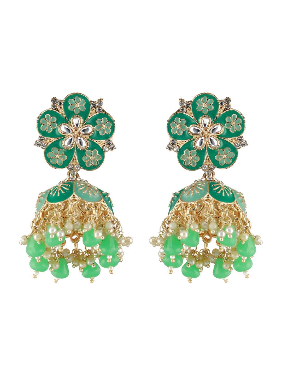 Gold-Plated & Sea Green Dome Shaped Jhumkas - Jazzandsizzle