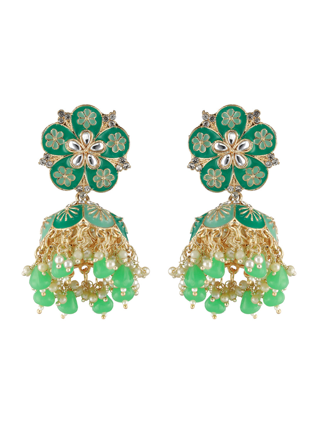 Gold-Plated & Sea Green Dome Shaped Jhumkas - Jazzandsizzle