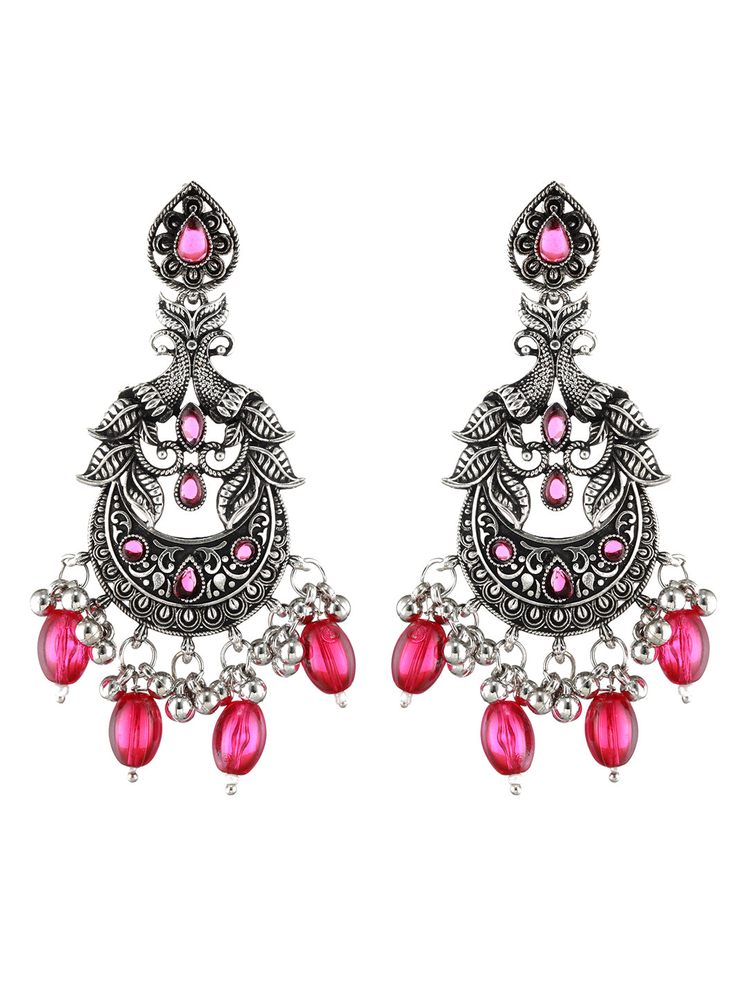 Red Silver-Plated Kundan Studded Peacock Shaped Chandbalis - Jazzandsizzle