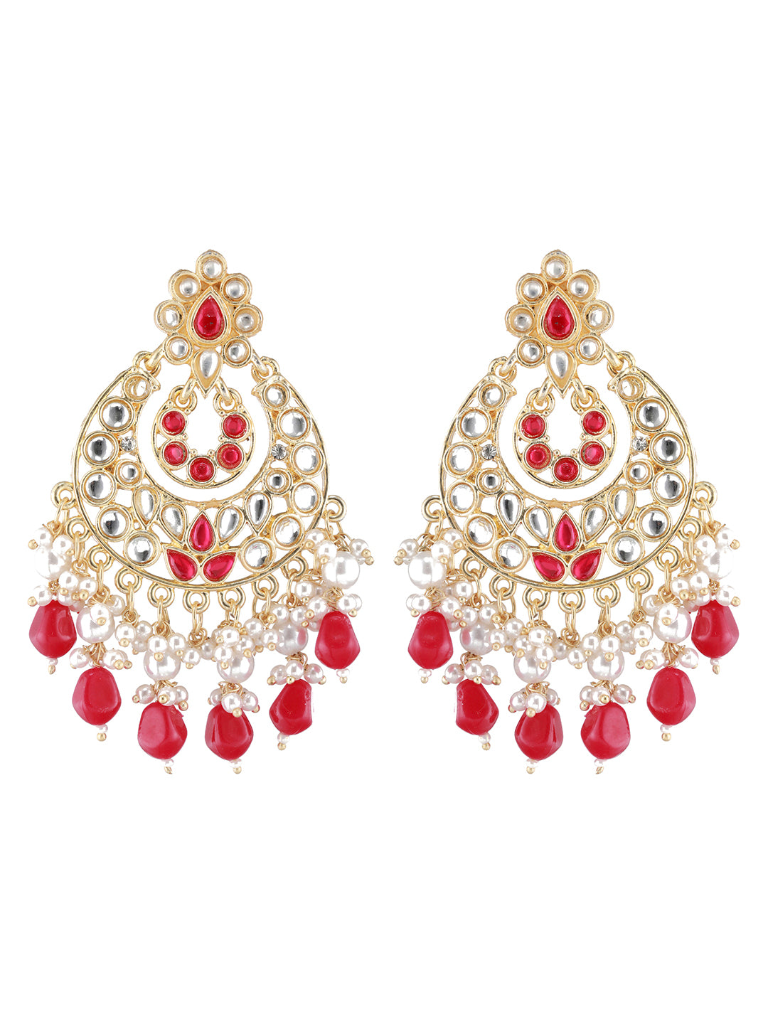 Gold-Plated & Red Kundan Classic Chandbalis Earrings