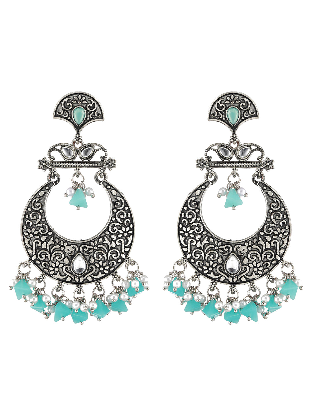 Oxidised Silver-Toned & Blue Stone Studded Chandbali Earrings - Jazzandsizzle