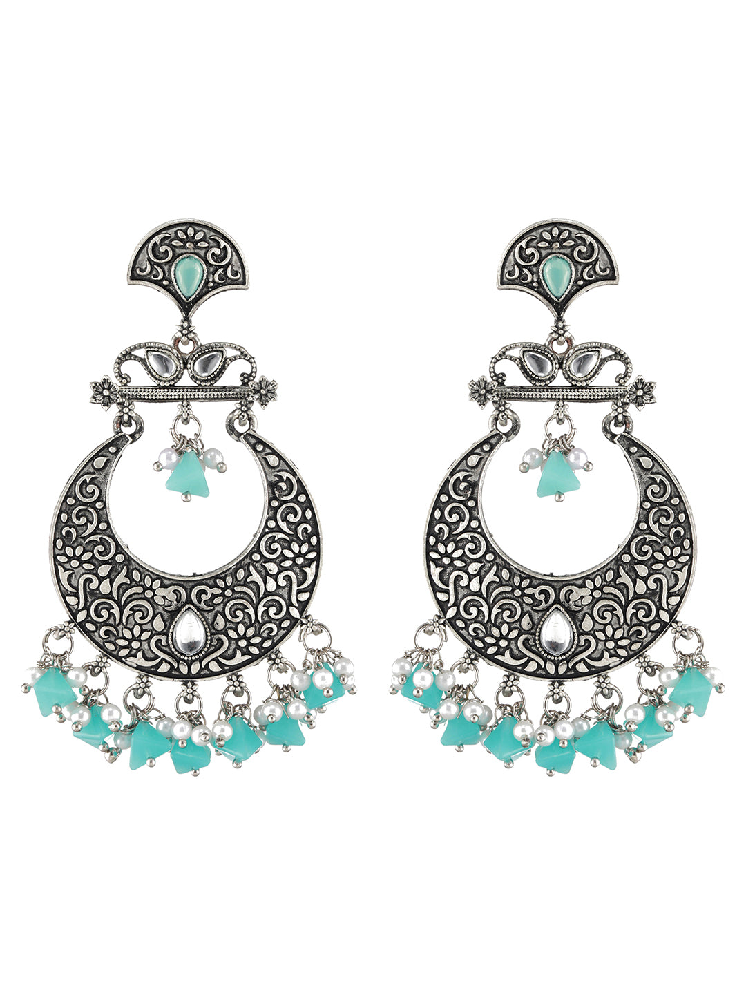 Oxidised Silver-Toned & Blue Stone Studded Chandbali Earrings - Jazzandsizzle