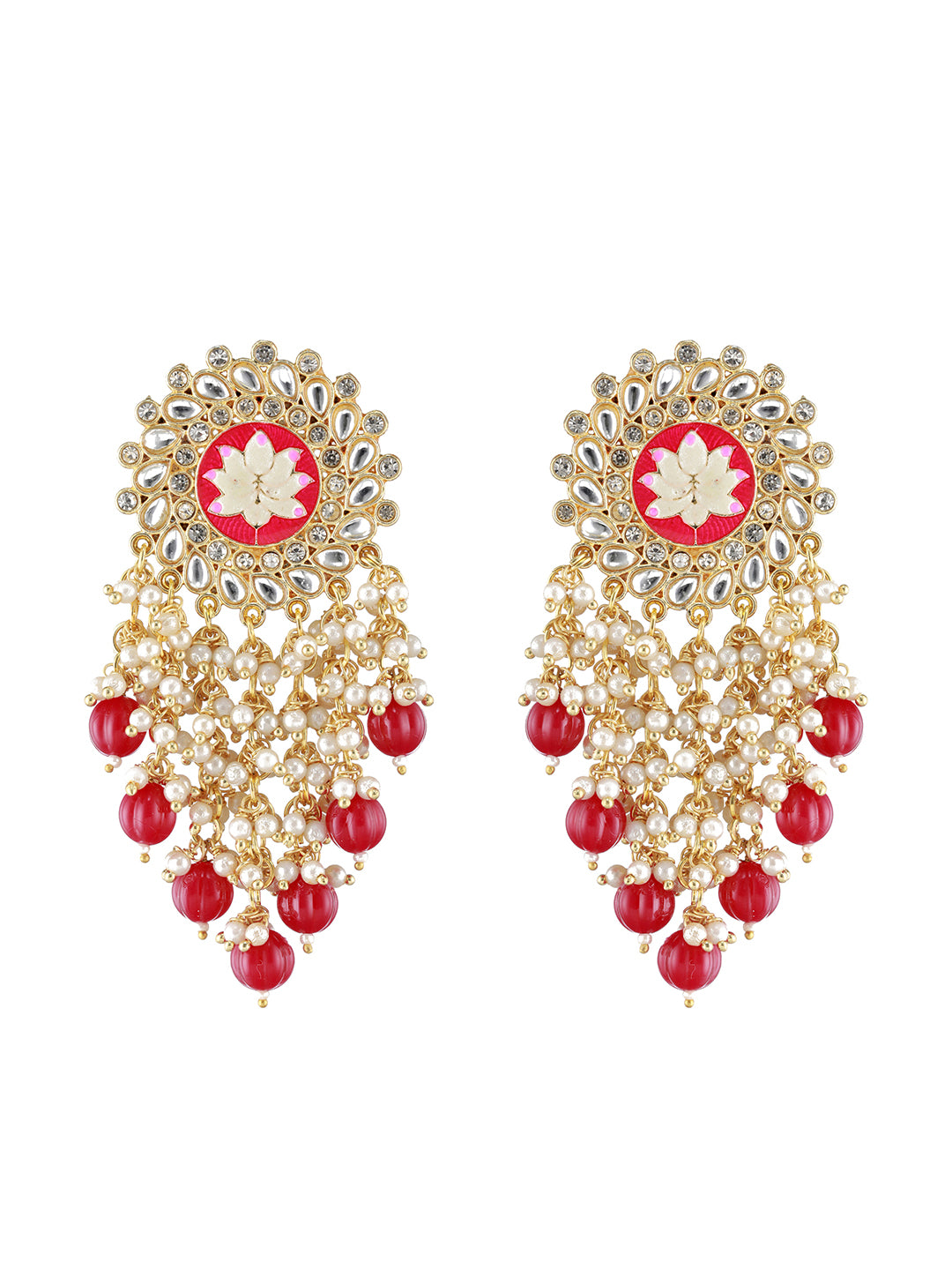 Maroon Gold Plated &CZ Studded & Beaded Meenakari Drop Earrings - Jazzandsizzle