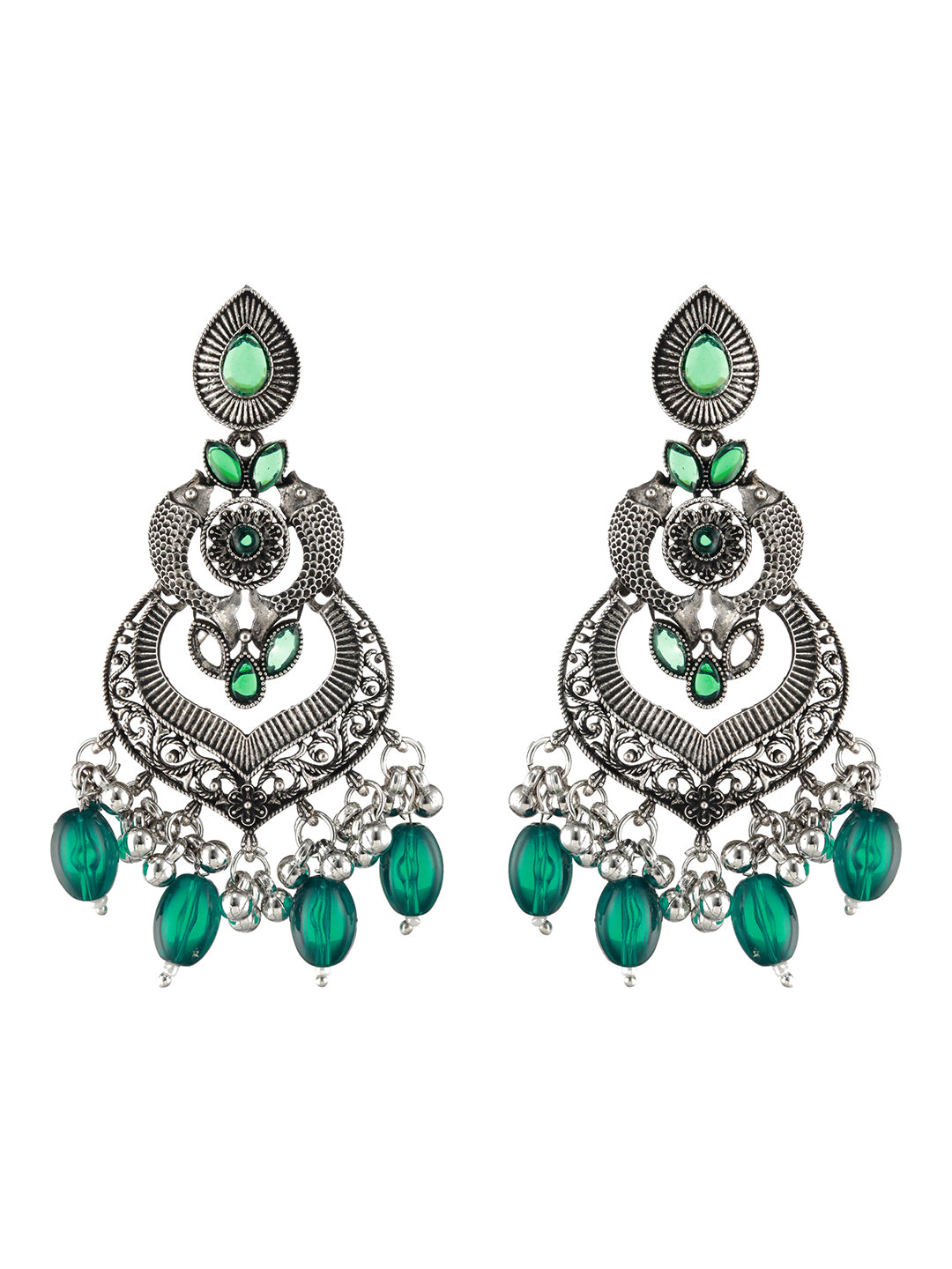 Green Silver-Plated Kundan Studded Fish Shaped Chandbalis - Jazzandsizzle