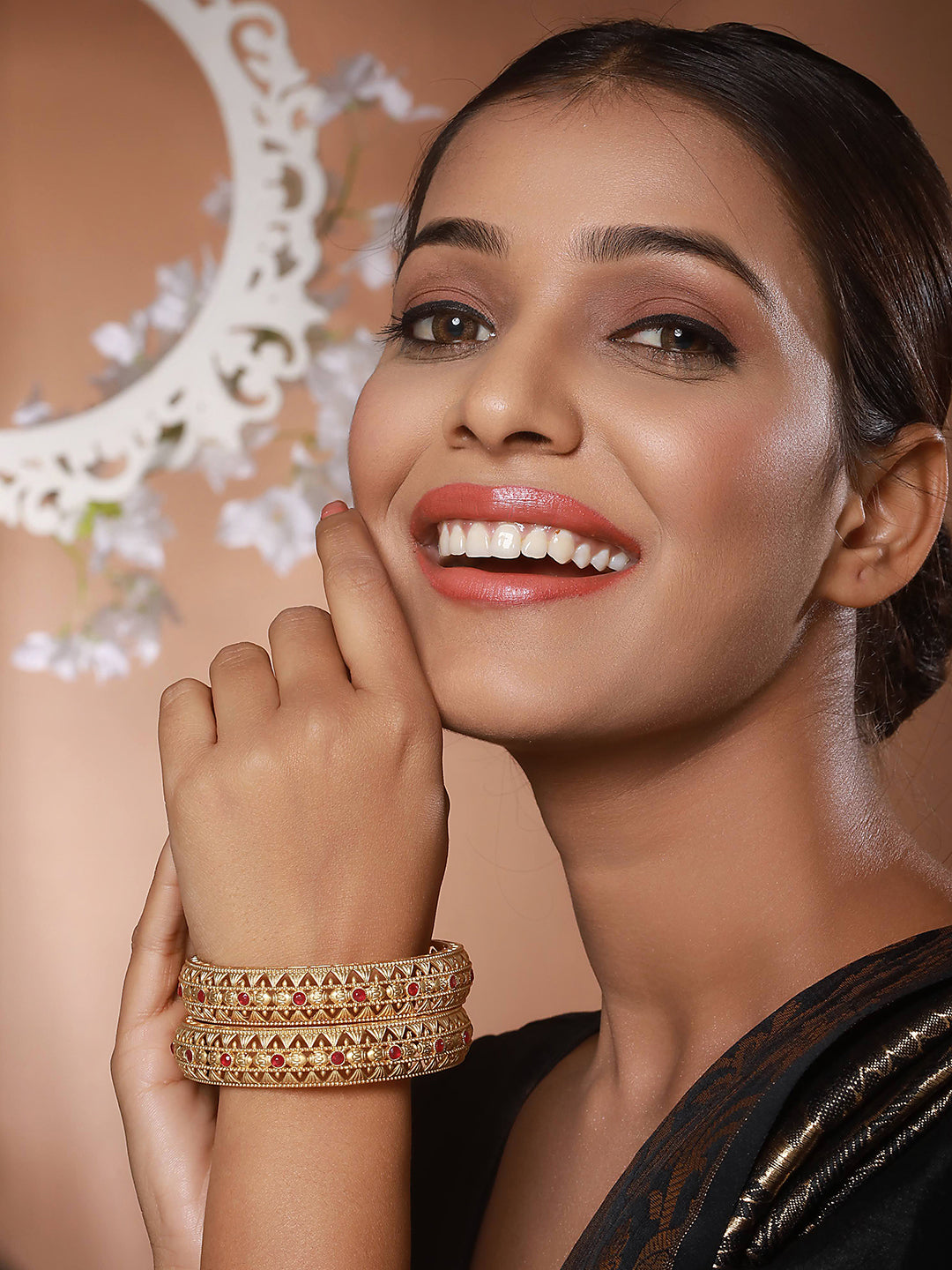 Jazz And Sizzle Set Of 2 22K Gold-Plated Marron Red Stone-Studded Handcrafted Bangles - Jazzandsizzle