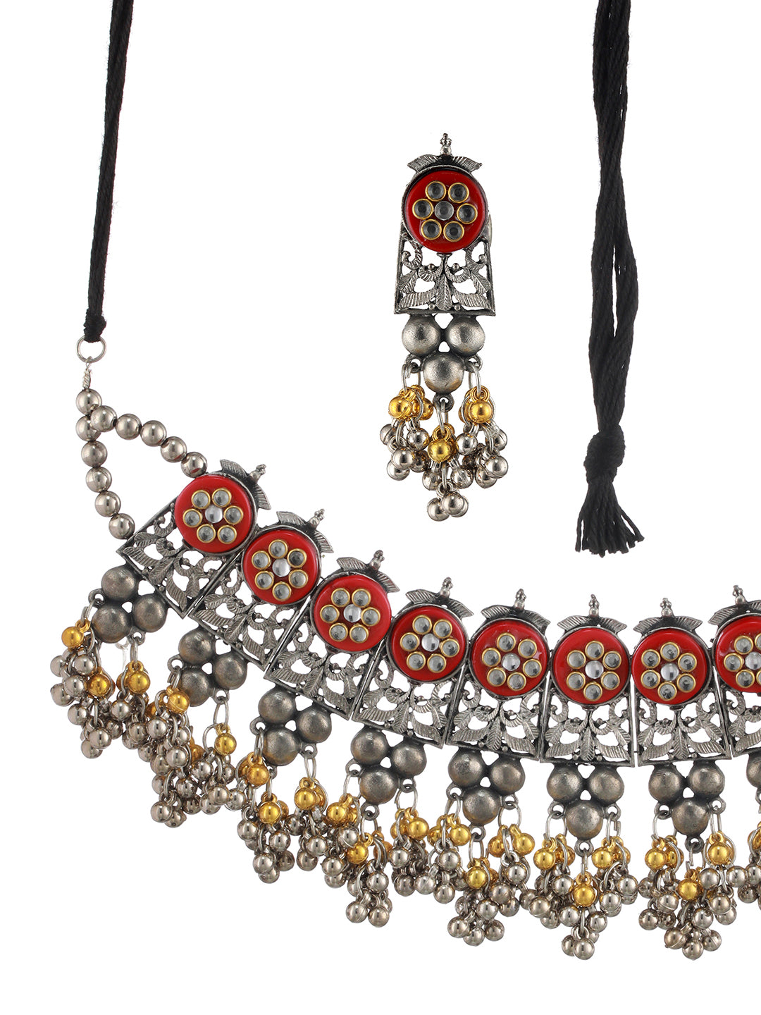 Oxidized Beaded & Kundan studded Choker Necklace With Earrings - Jazzandsizzle