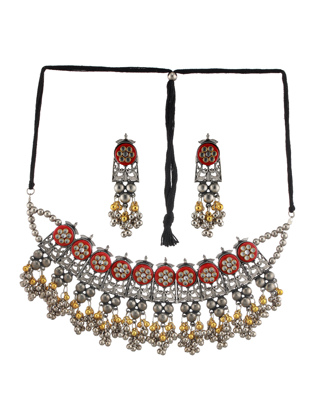 Oxidized Beaded & Kundan studded Choker Necklace With Earrings - Jazzandsizzle