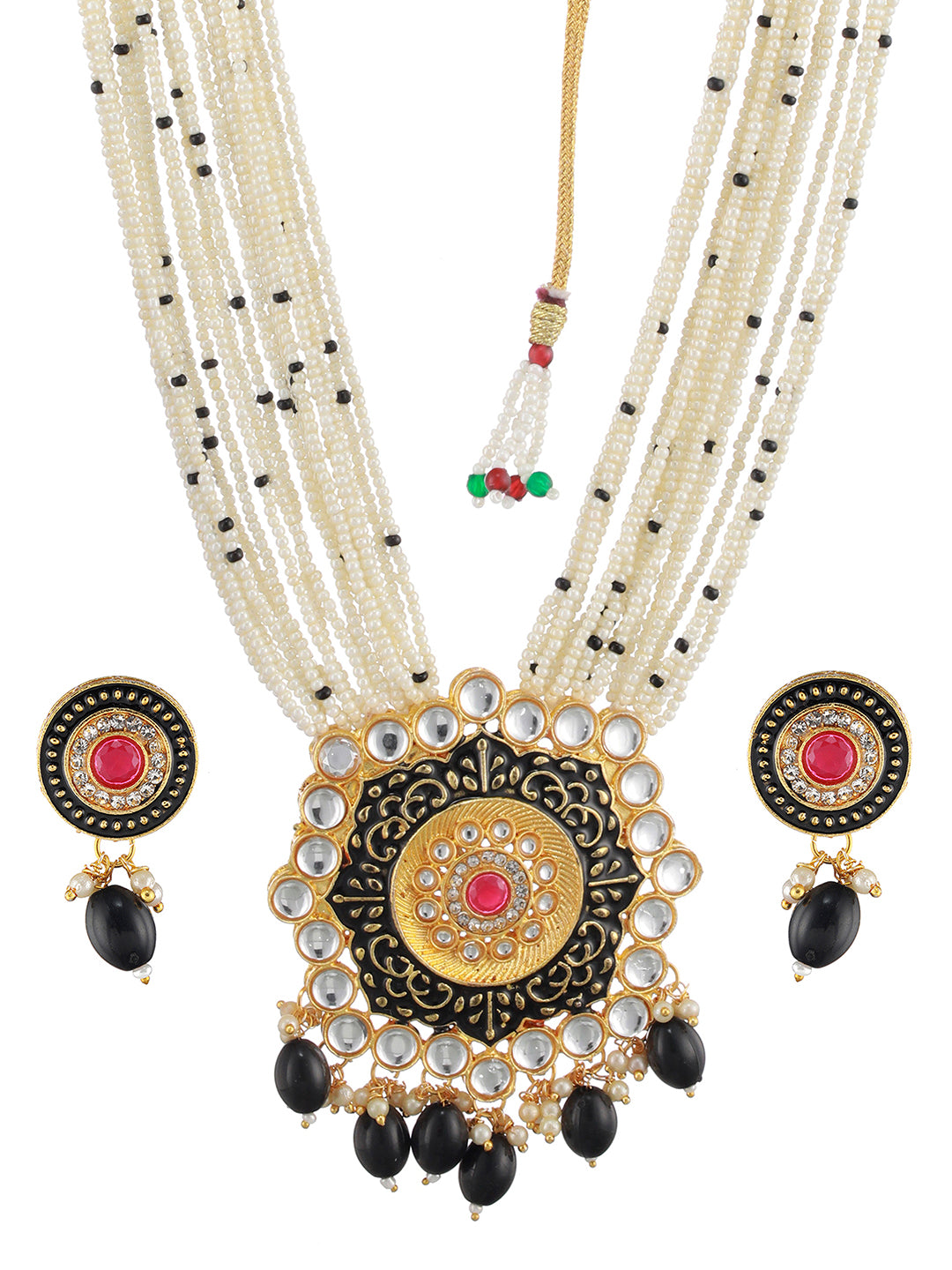 Gold-Plated Stone-Studded & Beaded Meenakari Jewellery Set - Jazzandsizzle