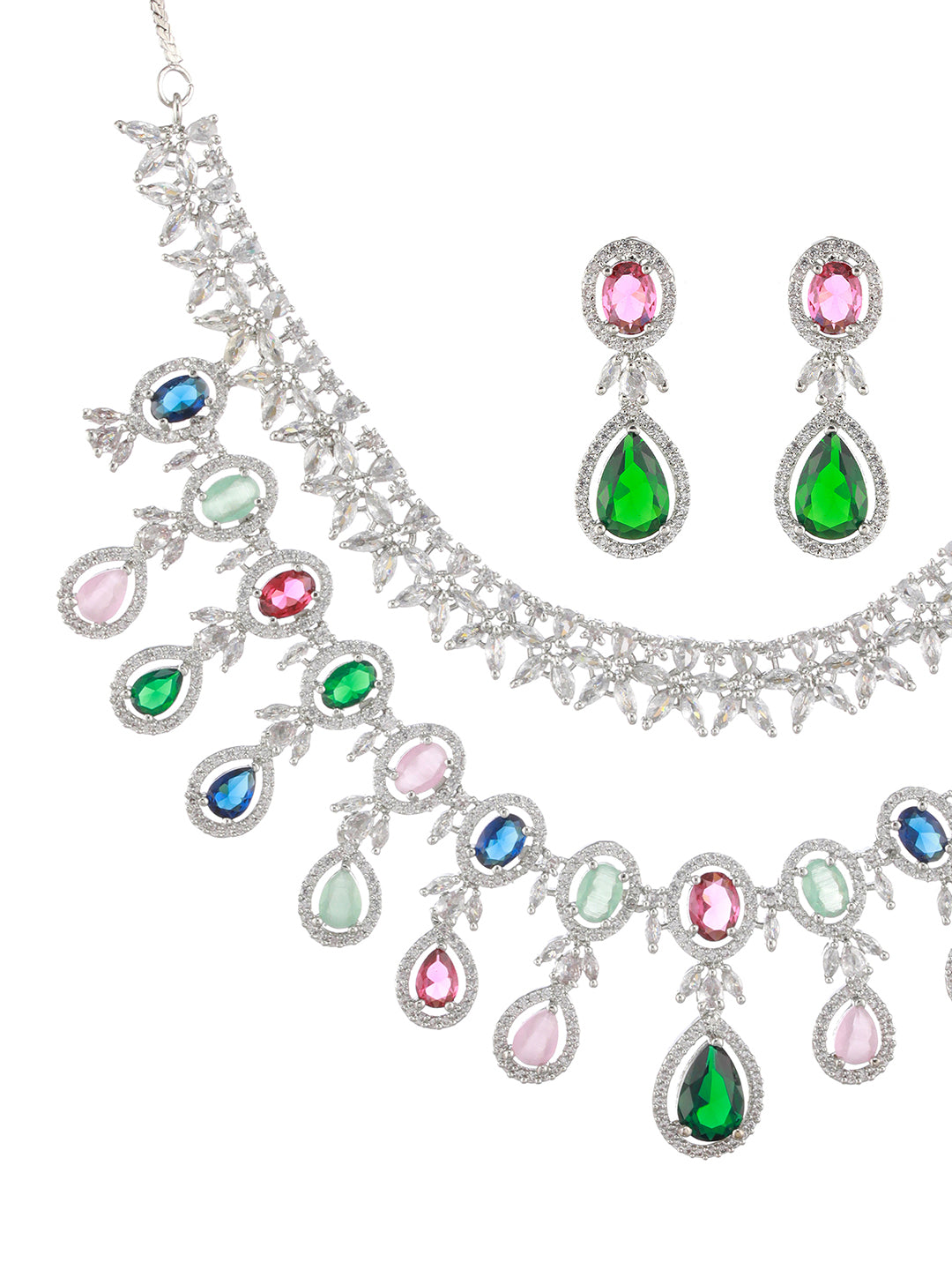 Silver-Plated AD-Studded & Beaded Layered Jewellery Set - Jazzandsizzle