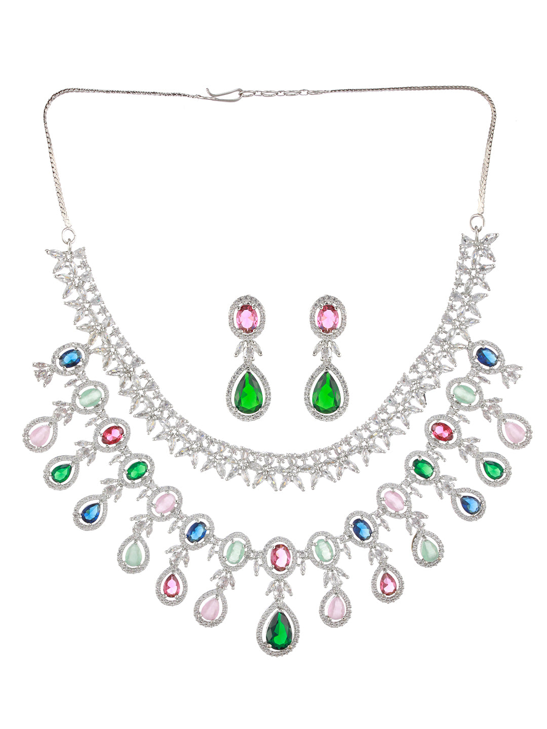 Silver-Plated AD-Studded & Beaded Layered Jewellery Set - Jazzandsizzle