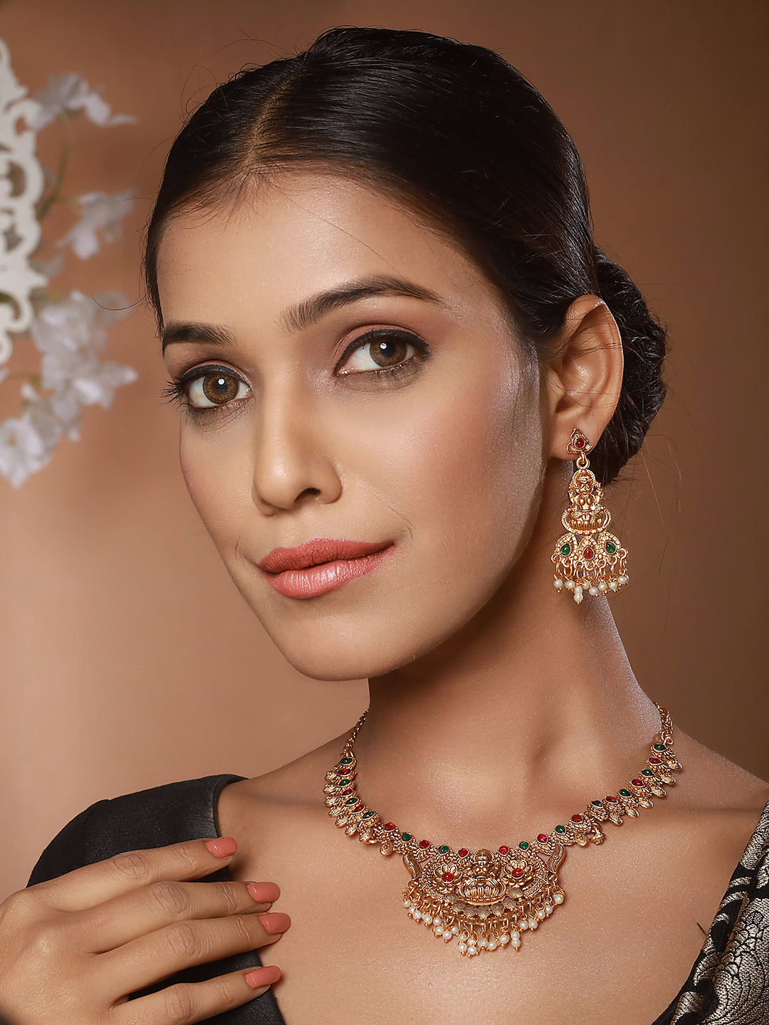 Jazz and Sizzle Gold-Plated Stones Studded & Beads Beaded Temple Necklace With Earrings