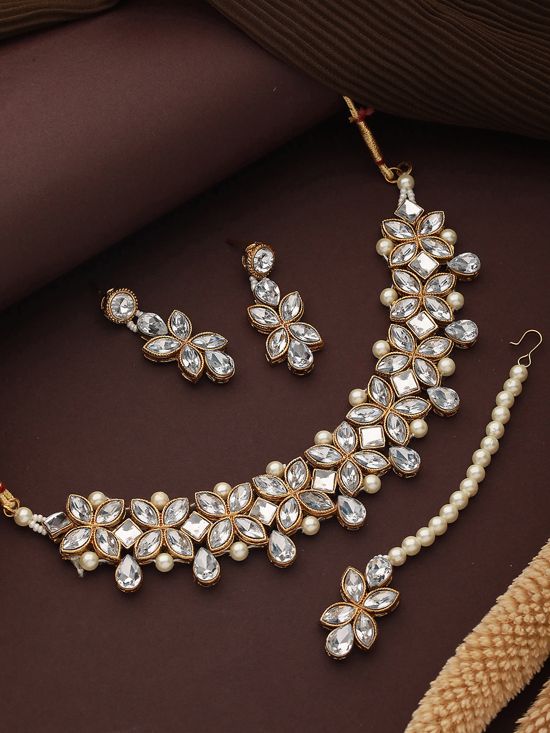 Gold-Plated Stone-Studded & Pearl Beaded Jewellery Set - Jazzandsizzle