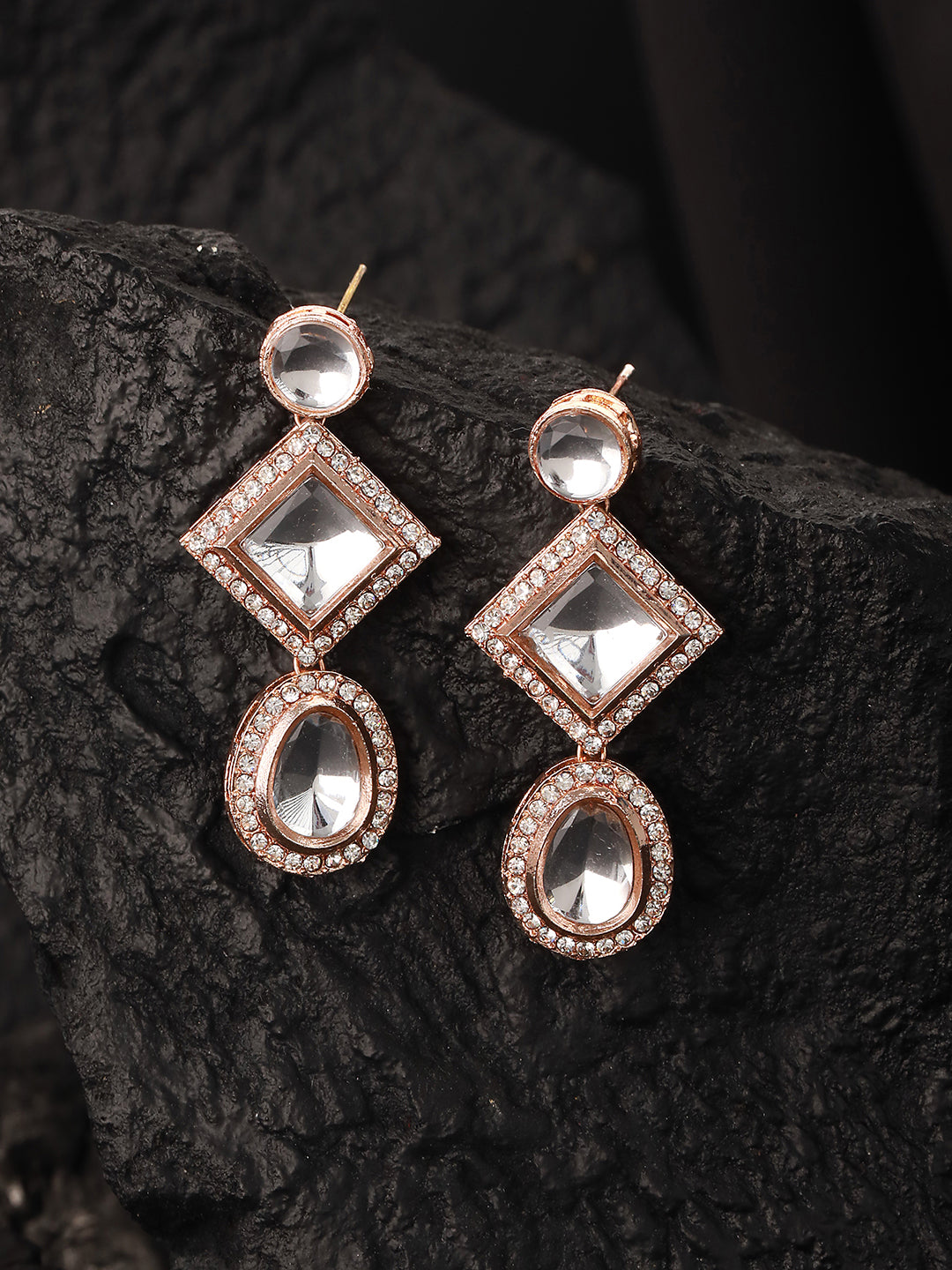 Rosegold-Plated CZ-Studded Handcrafted Geometric Drop Earrings - Jazzandsizzle
