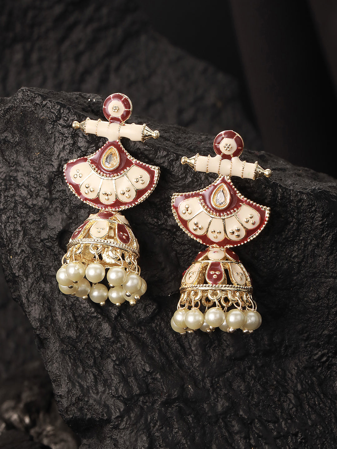 Gold-Toned White & Marron Meenakari Jhumkas Earrings - Jazzandsizzle