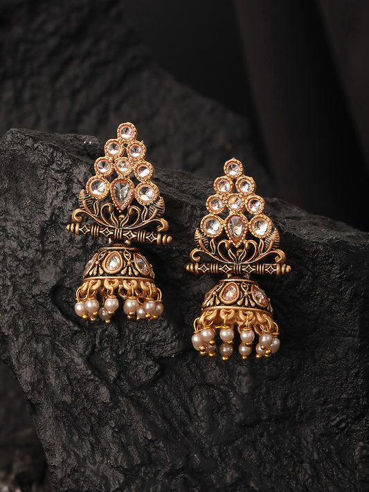 Gold-Plated Kundan Studded Triangular Shaped Jhumka Earrings - Jazzandsizzle