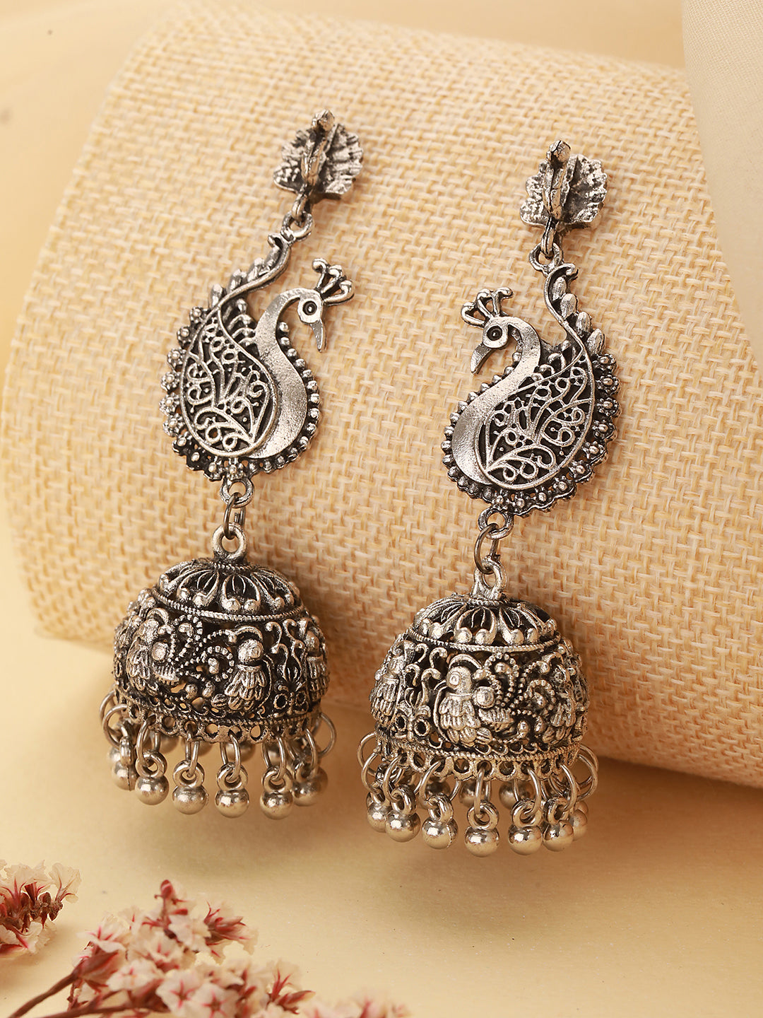 Oxidised Silver-Plated Peacock Shaped Jhumkas - Jazzandsizzle