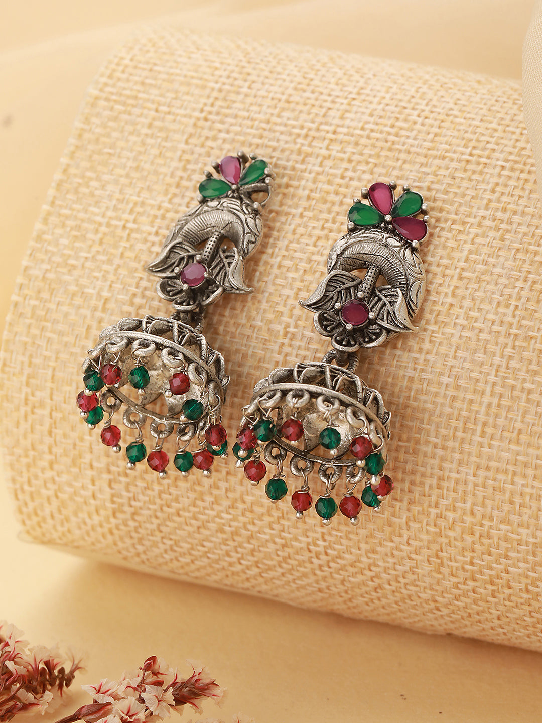 Silver-Toned Green & Pink Dome Shaped Jhumkas Earrings - Jazzandsizzle