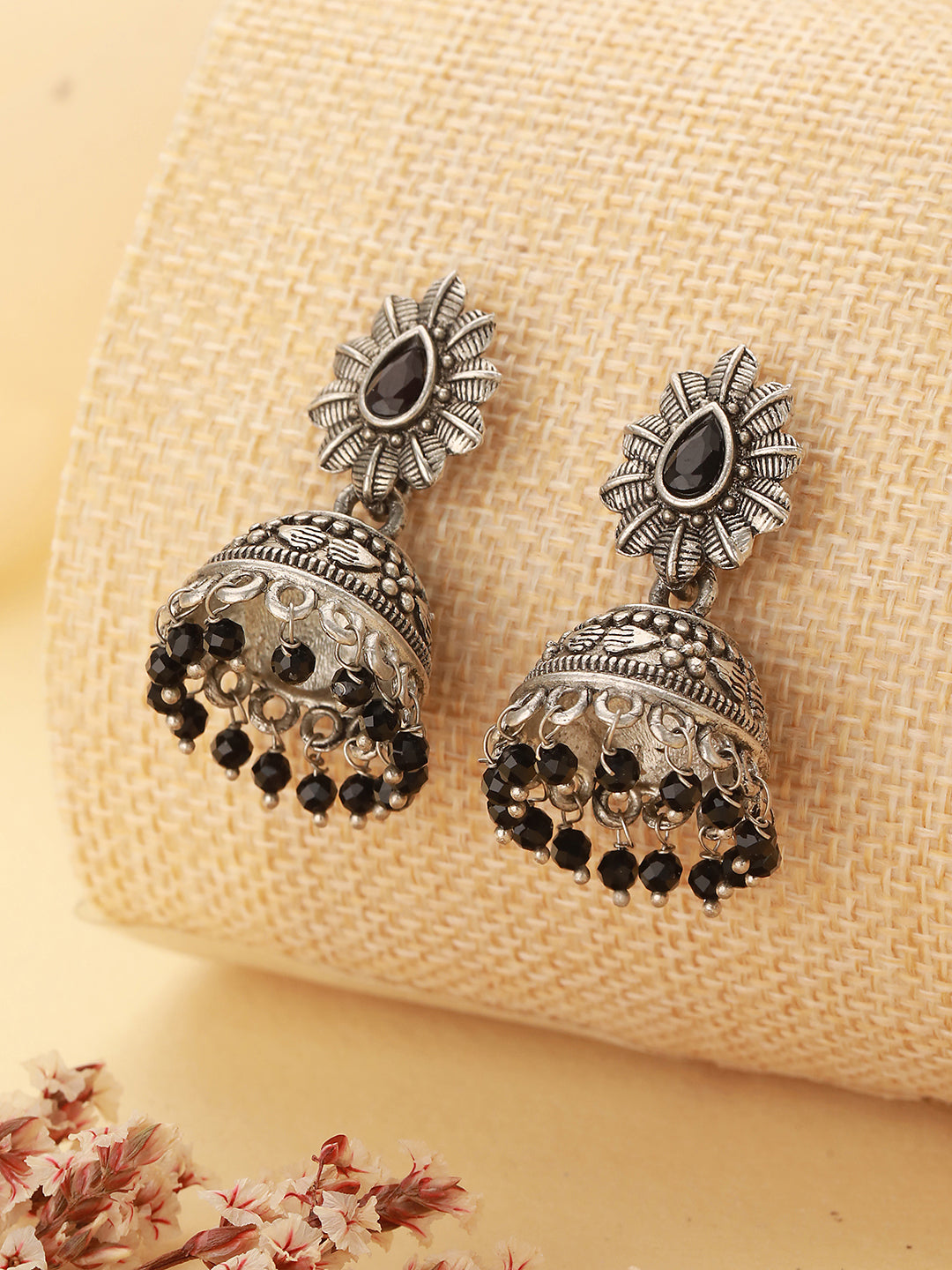 Silver-Toned Black Dome Shaped Jhumkas - Jazzandsizzle