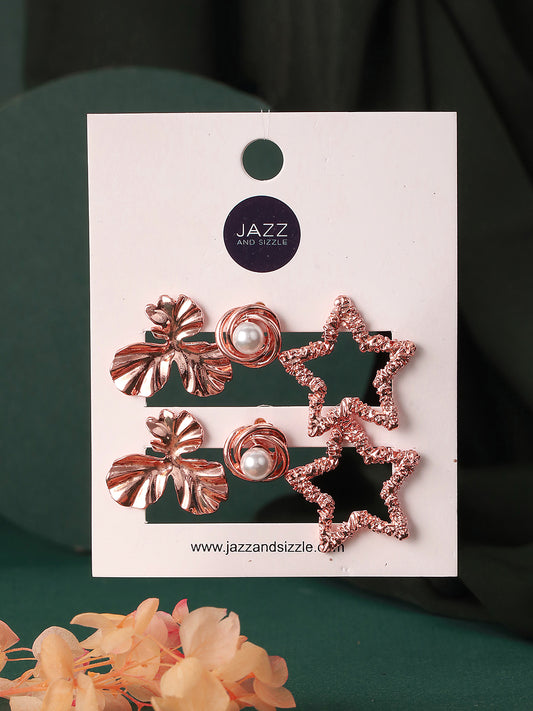 Set of 3 Rose gold Plated Star & Floral Shaped Stud Earrings - Jazzandsizzle