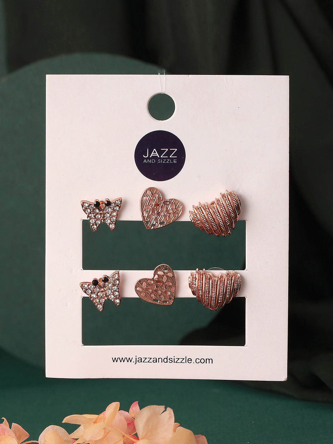 Set of 3 Rosegold-Plated Heart Shaped Stud Earrings - Jazzandsizzle