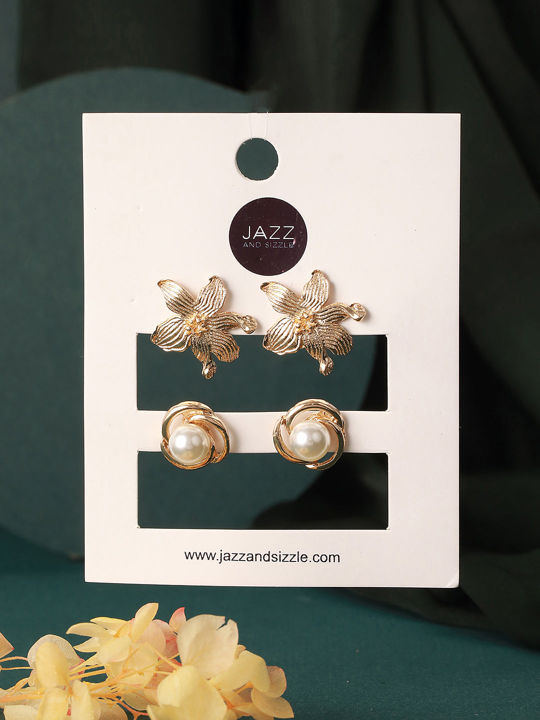 Set of 2 Gold Plated & Pearl Floral Stud Earrings - Jazzandsizzle