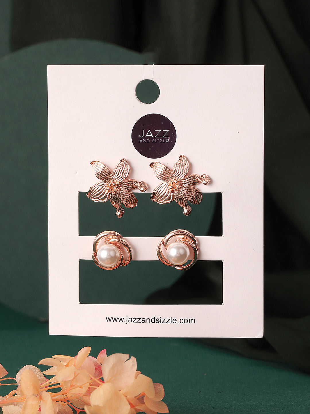 Set of 2 Rose Gold Plated & Pearl Floral Stud Earrings - Jazzandsizzle