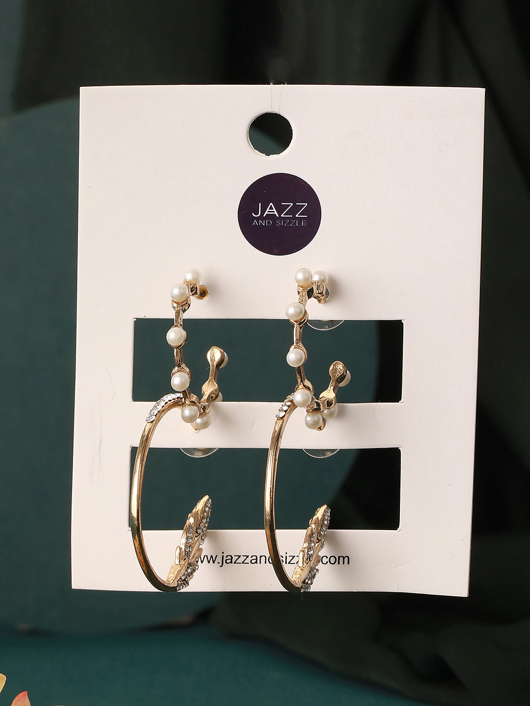 Set of 2 CZ & Pearl Studded Gold-Toned Half Hoop Earrings - Jazzandsizzle