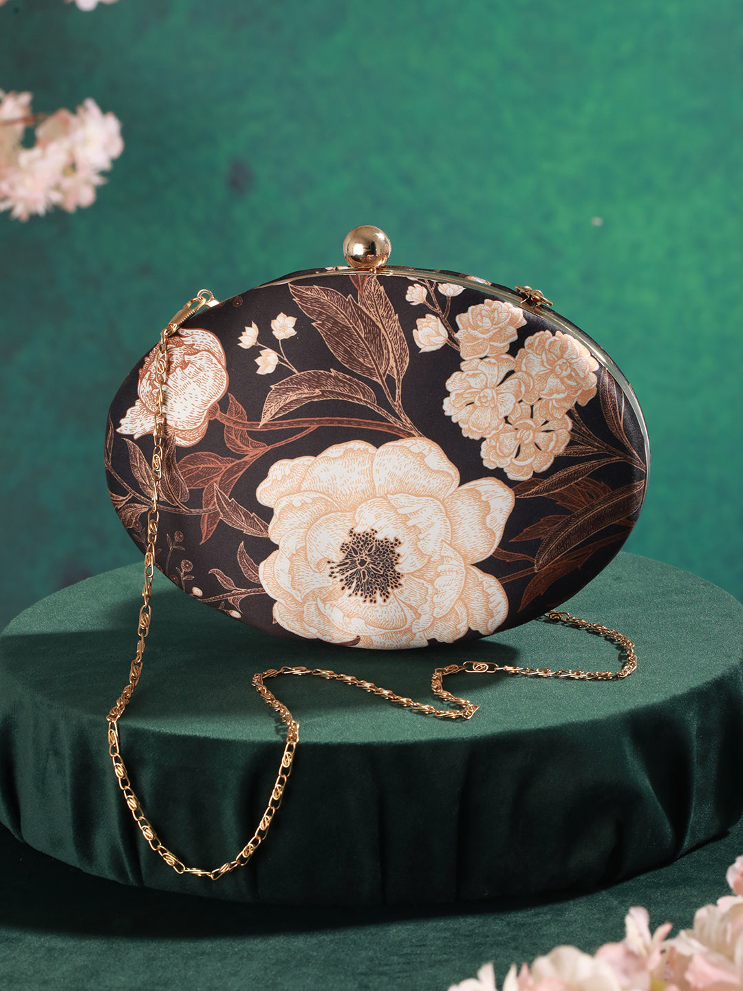 Black & Brown Floral Printed Embellished Box Clutch - Jazzandsizzle