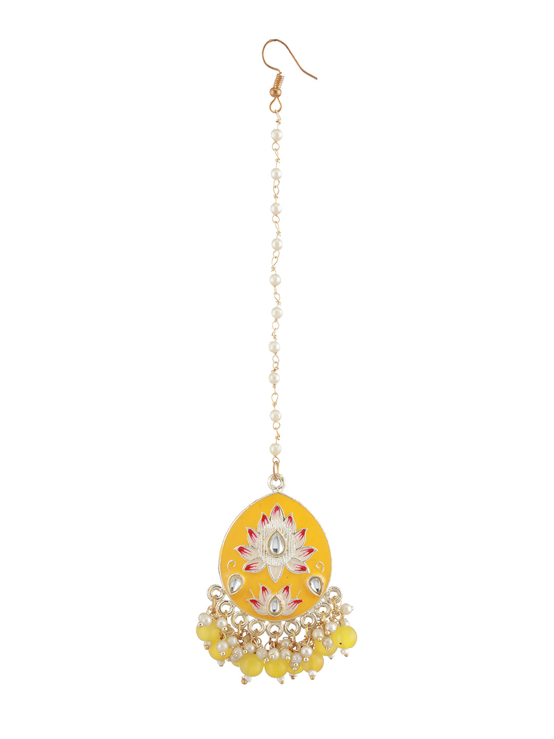 Gold-Plated Pink Meenakari Kundan-Studded & Beaded Yellow Maangtikka with Drop Earrings - Jazzandsizzle