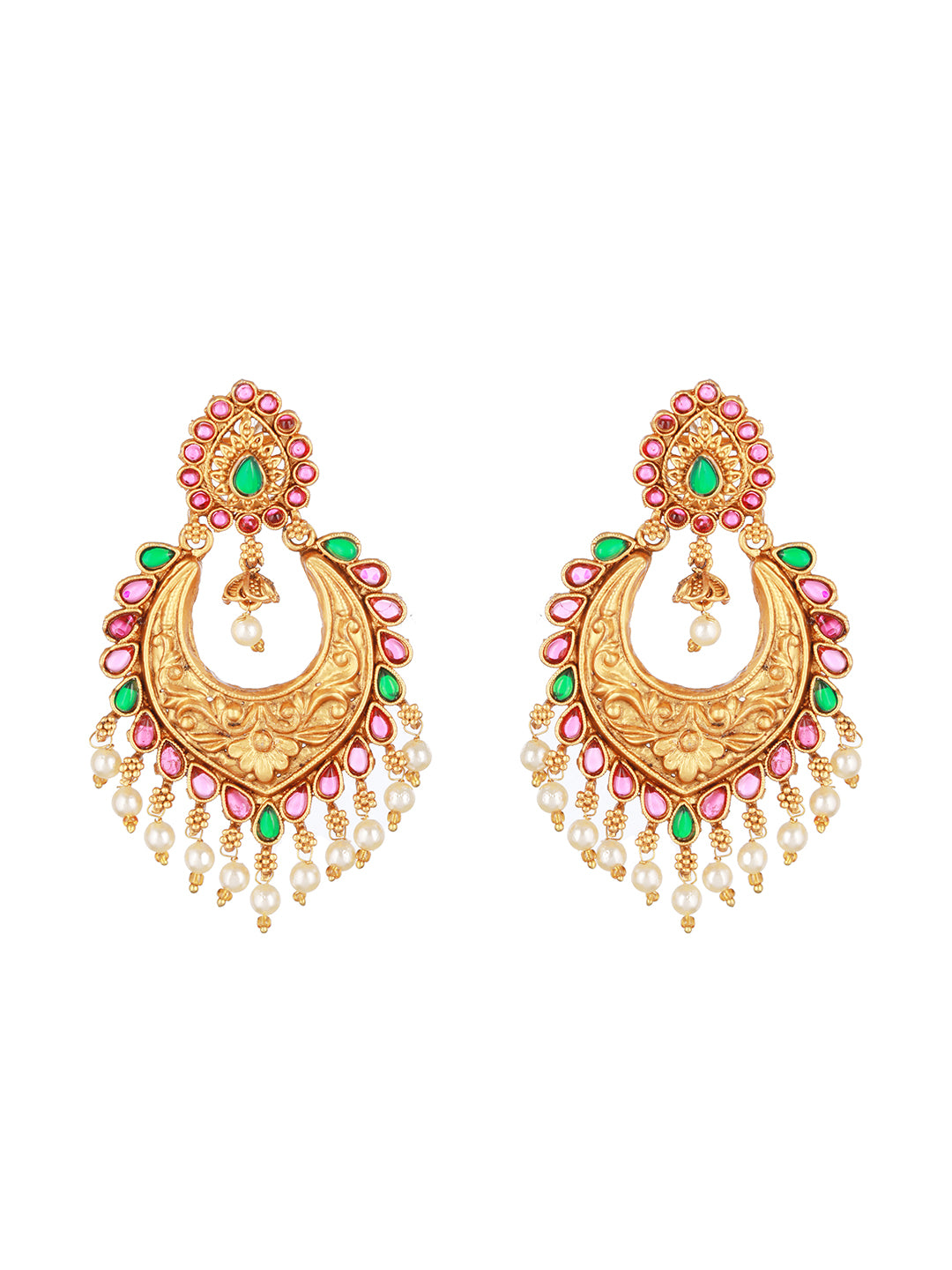 Jazz And Sizzle Gold-Plated Green &amp; Pink Stone studded &amp; pearls Drop Crescent Shaped Chandbalis