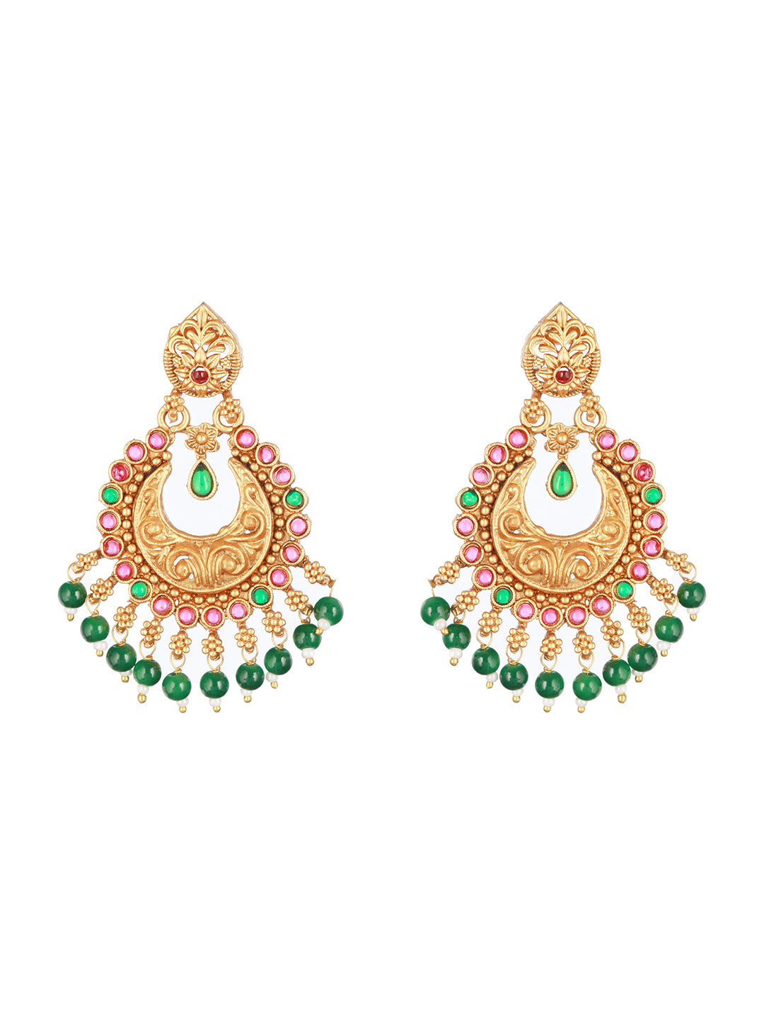 Jazz And Sizzle Green & Pink Gold-Plated Contemporary Shaped Chandbalis