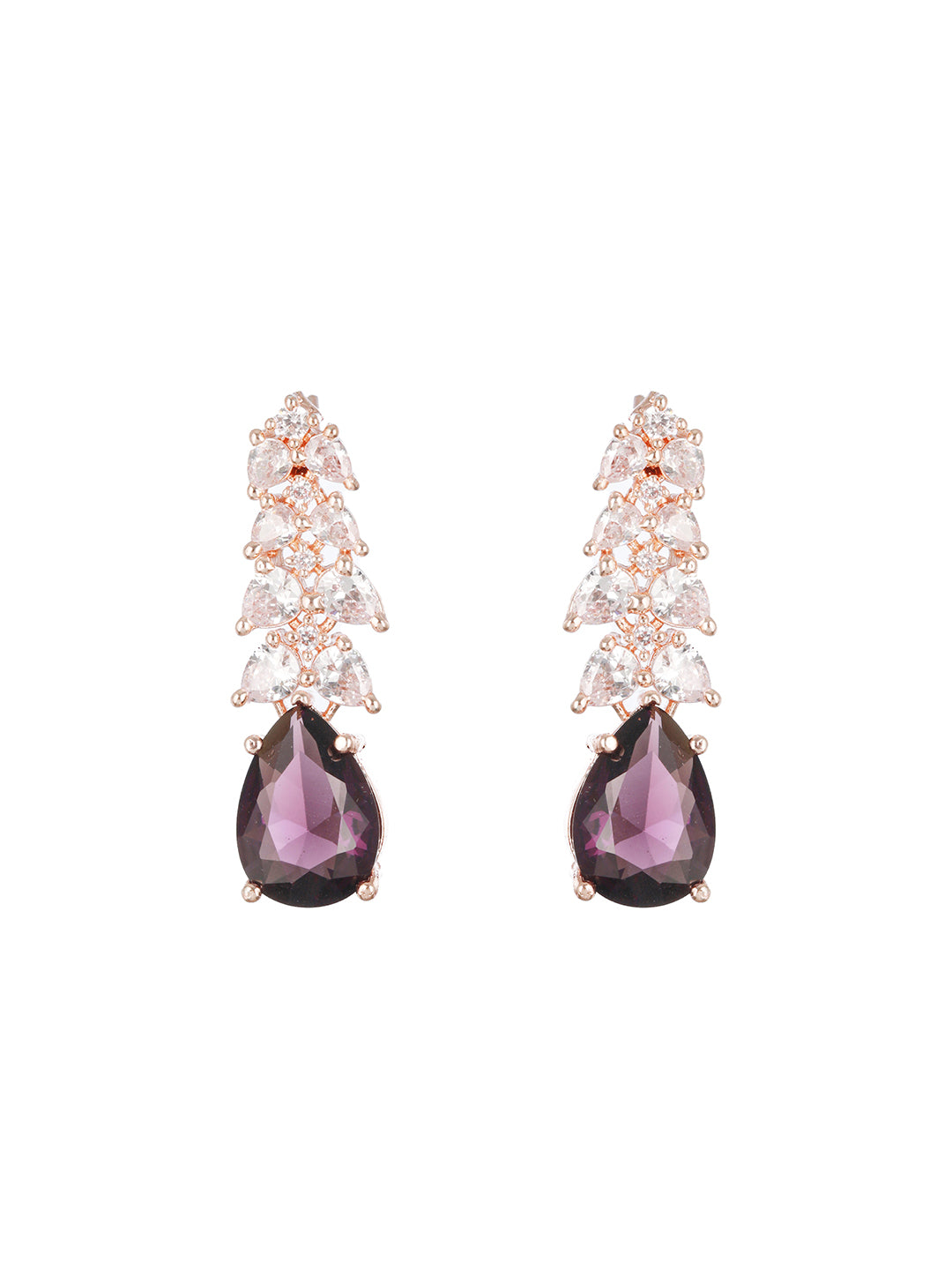 Rose Gold-Plated & Purple AD-Studded Handcrafted Teardrop Drop Earrings - Jazzandsizzle